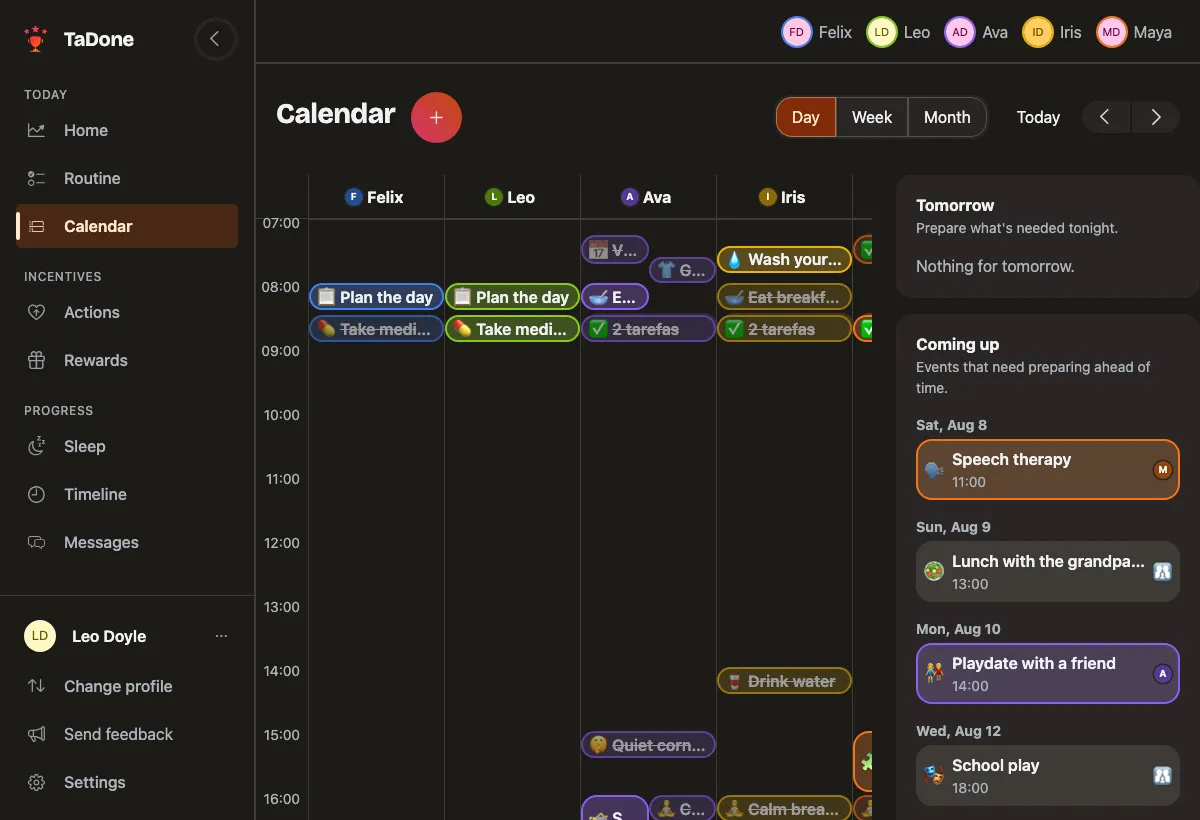 The TaDone family calendar: everyone’s tasks, events, and what’s coming up