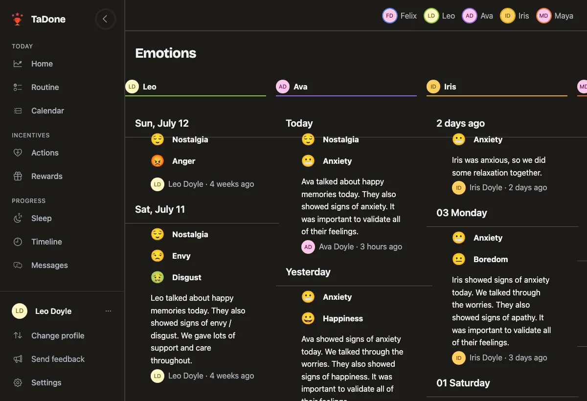 The emotions check-in board in TaDone
