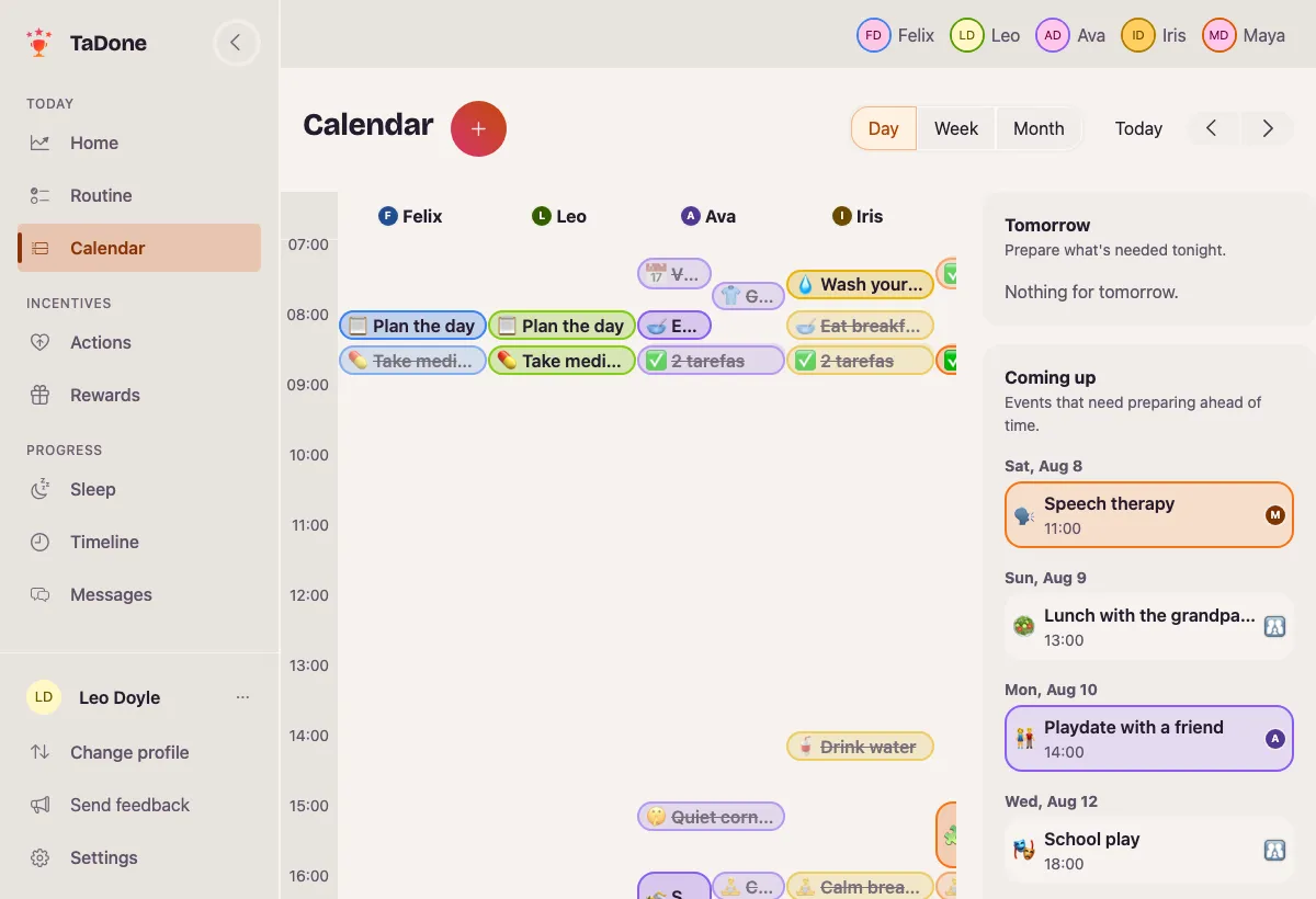 The TaDone family calendar: everyone’s tasks, events, and what’s coming up