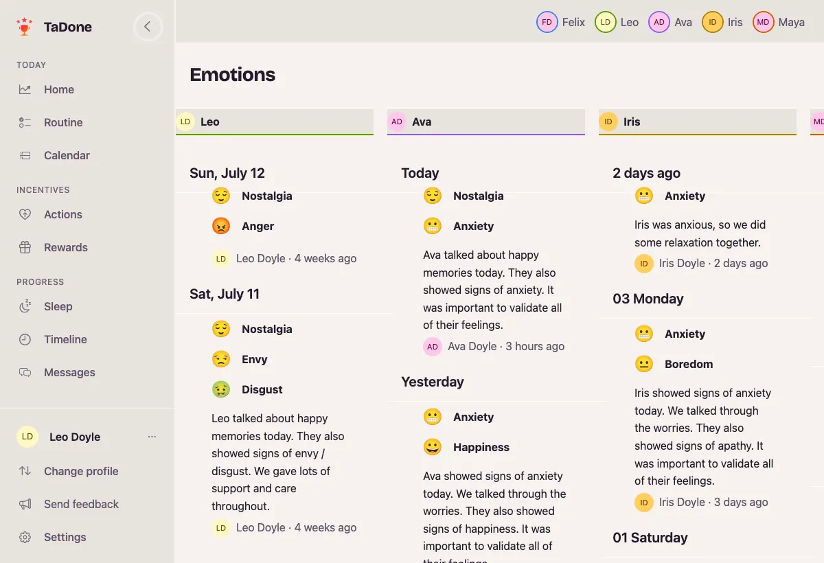 The emotions check-in board in TaDone