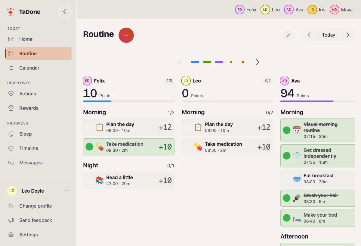 The TaDone routine board with tasks for each child