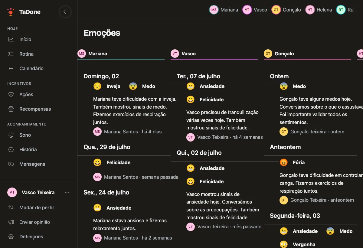 O quadro de registo de emoções no TaDone